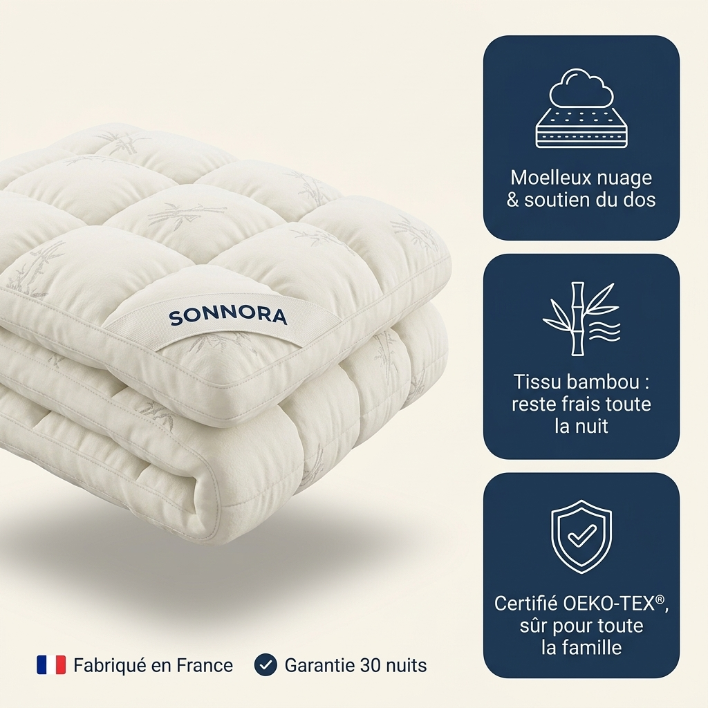 Sonnora™ | Surmatelas bambou 3D, moelleux nuage fraîcheur toute la nuit