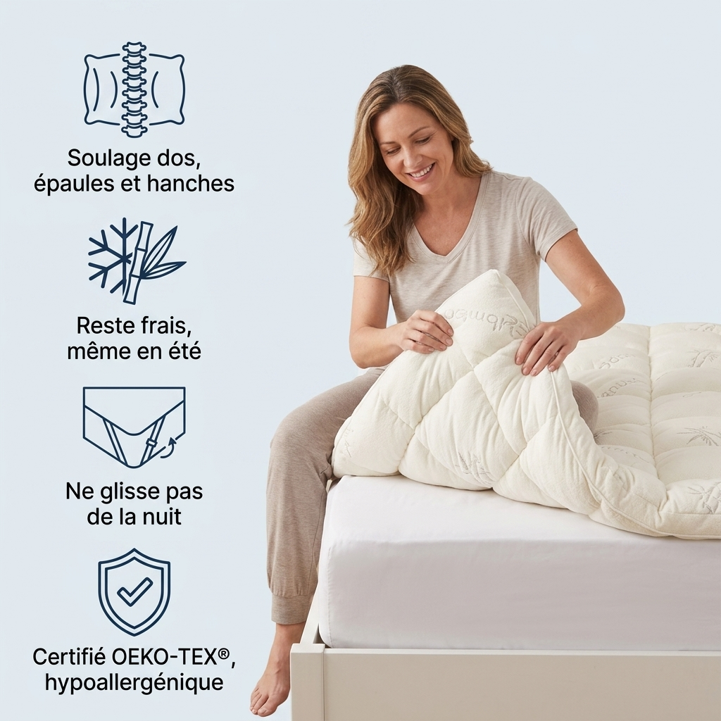 Sonnora™ | Surmatelas bambou 3D, moelleux nuage fraîcheur toute la nuit