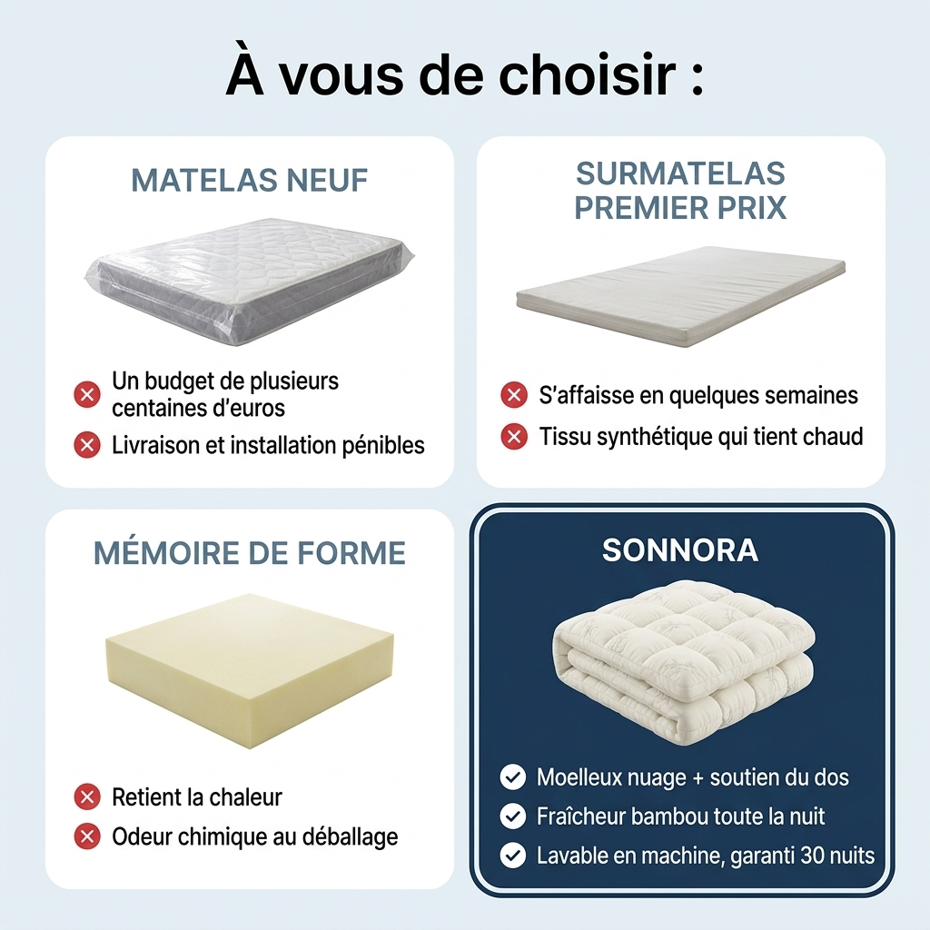 Sonnora™ | Surmatelas bambou 3D, moelleux nuage fraîcheur toute la nuit