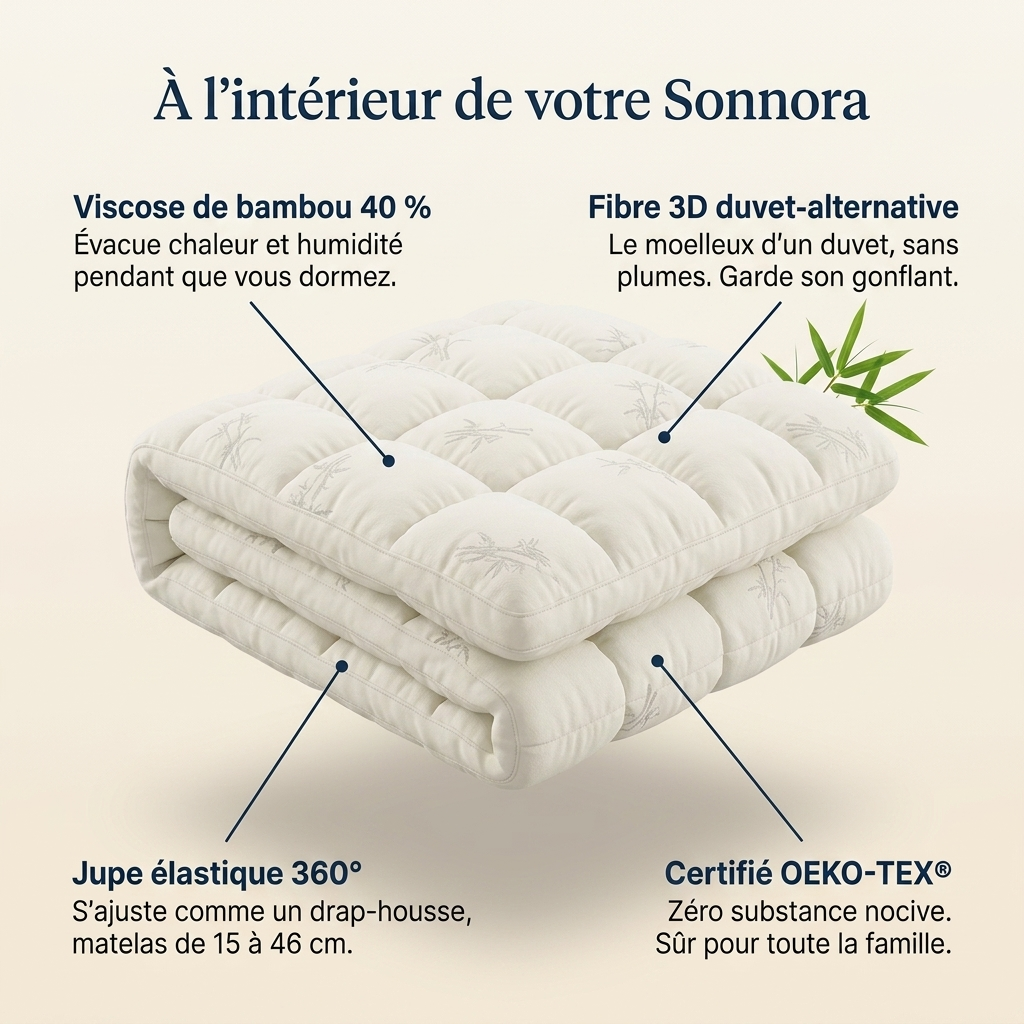 Sonnora™ | Surmatelas bambou 3D, moelleux nuage fraîcheur toute la nuit