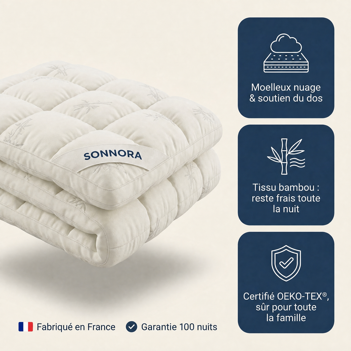 Sonnora™ | Surmatelas bambou 3D, moelleux nuage & fraîcheur toute la nuit