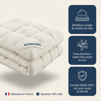 Sonnora™ | Surmatelas bambou 3D, moelleux nuage & fraîcheur toute la nuit